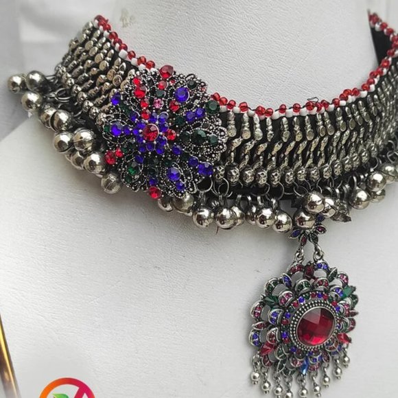 Afghan Ethnic Choker Necklace, Afghan Choker With Silver Kuchi Bells - Picture 3 of 10